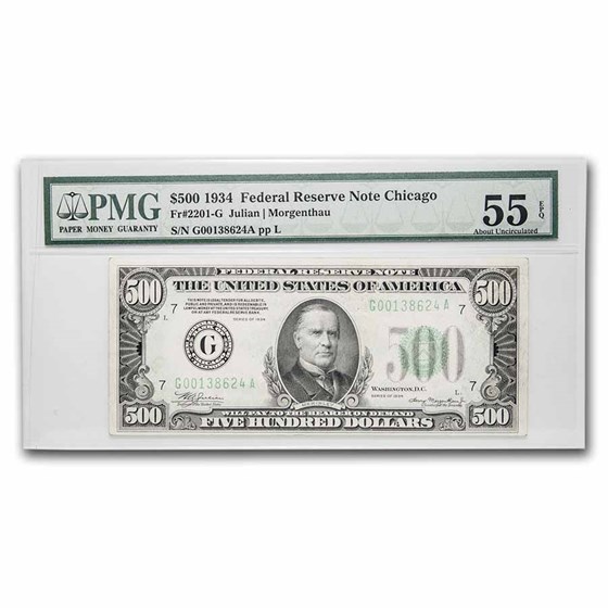 1934 (G-Chicago) $500 FRN Ch AU-55 EPQ PMG (Fr#2201-G) 1934 (G-Chicago) $500 FRN Ch AU-55 EPQ PMG (Fr#2201-G)