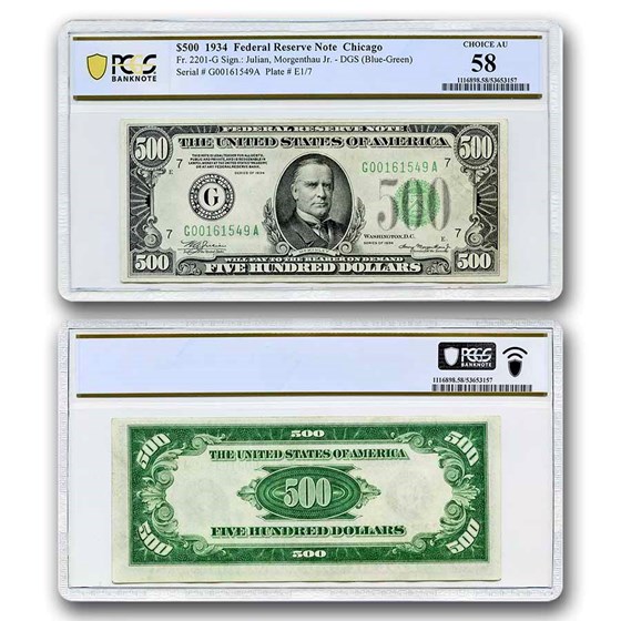 1934 (G-Chicago) $500 FRN Ch AU-58 PCGS (Fr#2201-G)