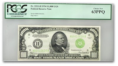 1934 (H-St. Louis) $1,000 FRN Choice New-63 PPQ PCGS 1934 (H-St. Louis) $1,000 FRN Choice New-63 PPQ PCGS