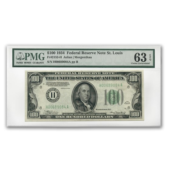 1934 (H-St. Louis) $100 FRN Ch Unc-63 EPQ PMG 1934 (H-St. Louis) $100 FRN Ch Unc-63 EPQ PMG