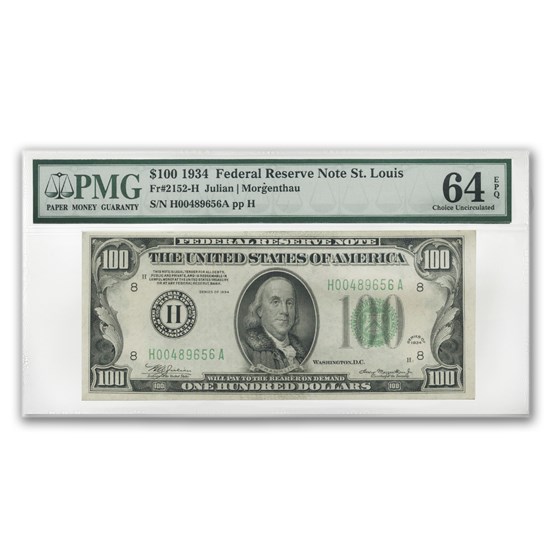 1934 (H-St. Louis) $100 FRN Ch Unc-64 EPQ PMG 1934 (H-St. Louis) $100 FRN Ch Unc-64 EPQ PMG