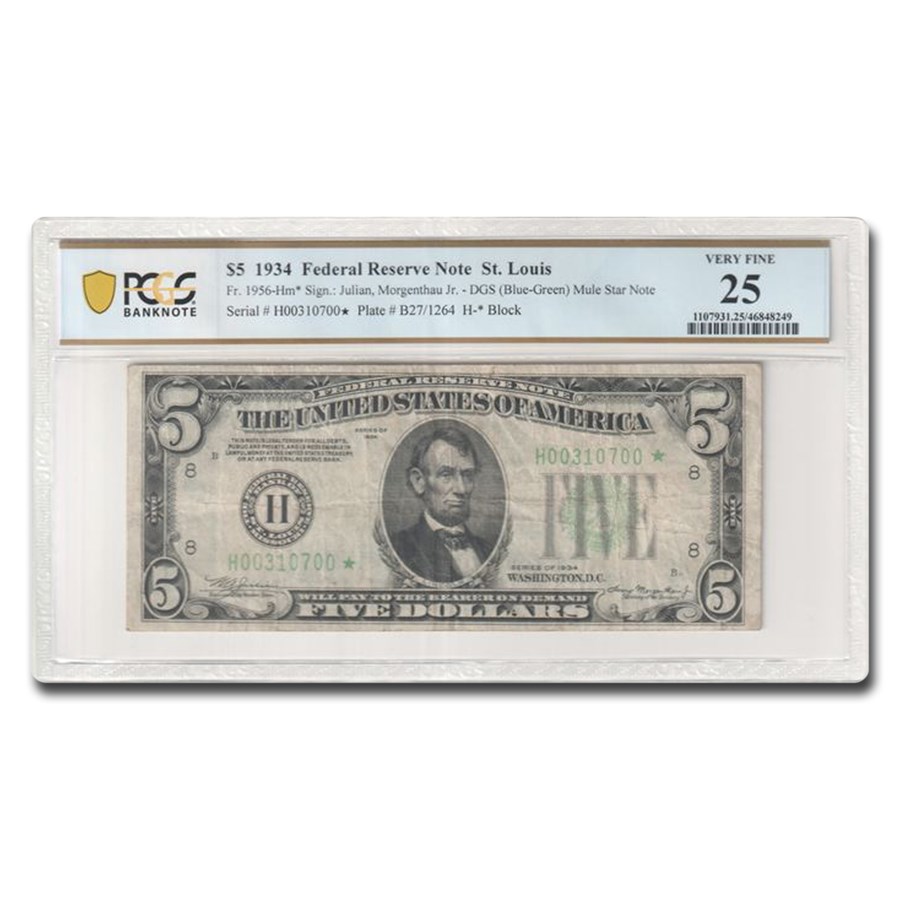 1934* (H-St. Louis) $5.00 FRN VF-25 PPQ PCGS (Fr#1956-Hm*) Mule