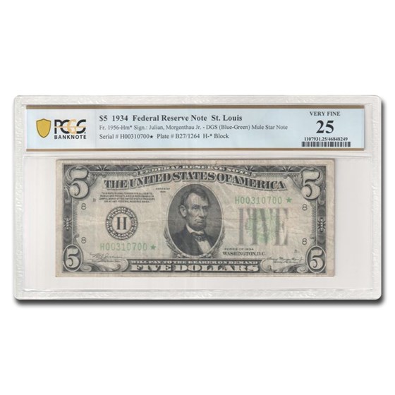 1934* (H-St. Louis) $5.00 FRN VF-25 PPQ PCGS (Fr#1956-Hm*) Mule 1934* (H-St. Louis) $5.00 FRN VF-25 PPQ PCGS (Fr#1956-Hm*) Mule