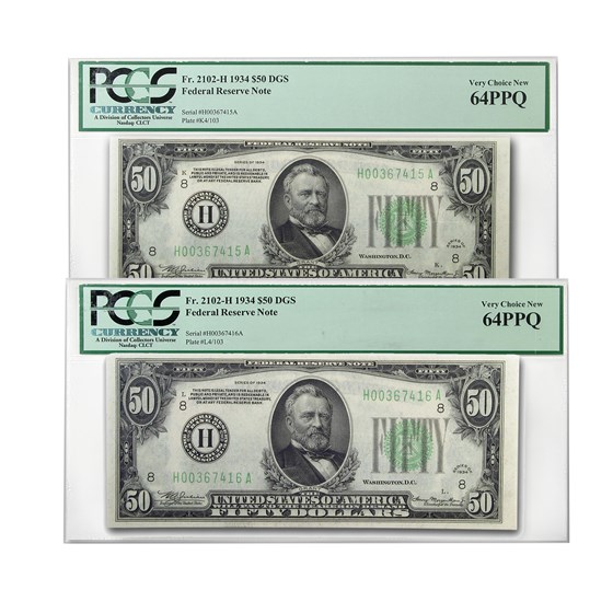 1934 (H-St. Louis) $50 FRN CU-64 PPQ PCGS (2 Consec Notes) 1934 (H-St. Louis) $50 FRN CU-64 PPQ PCGS (2 Consec Notes)