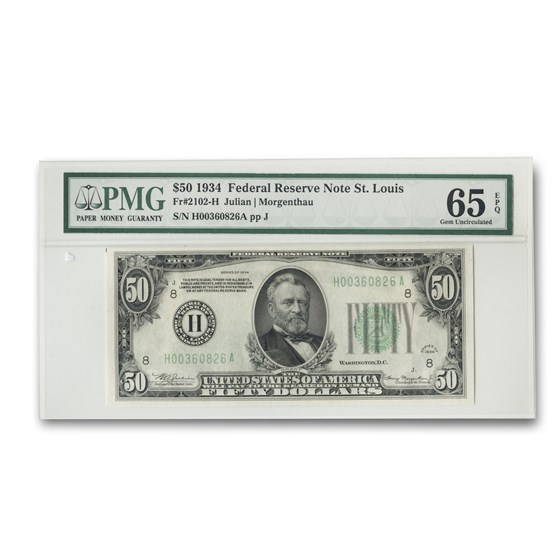 1934 (H-St. Louis) $50 FRN CU-65 EPQ PMG 1934 (H-St. Louis) $50 FRN CU-65 EPQ PMG