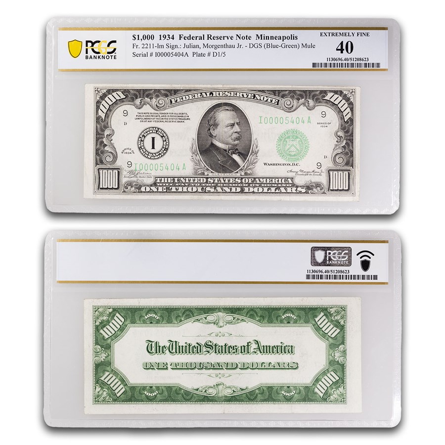 1934 (I-Minneapolis) $1,000 FRN XF-40 PCGS (Fr#2211-Im) Mule
