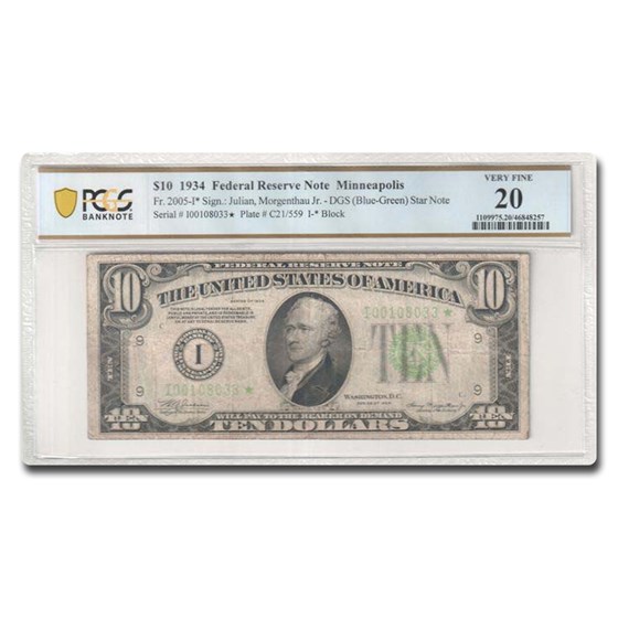 1934 (I-Minneapolis) $10 FRN VF-20 PCGS (Fr#2005-I*) 1934 (I-Minneapolis) $10 FRN VF-20 PCGS (Fr#2005-I*)
