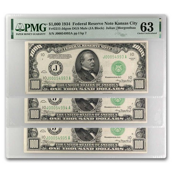 1934 (J-Kansas City) $1,000 FRN AU-CU PMG (Fr#2211-Jm) 3 Consecut 1934 (J-Kansas City) $1,000 FRN AU-CU PMG (Fr#2211-Jm) 3 Consecut