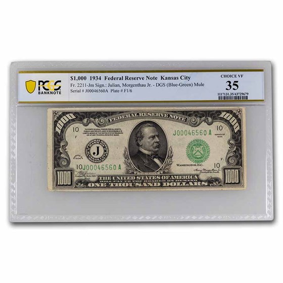 1934 (J-Kansas City) $1,000 FRN CH VF-35 PMG (Fr#2211-Jm) Details 1934 (J-Kansas City) $1,000 FRN CH VF-35 PMG (Fr#2211-Jm) Details