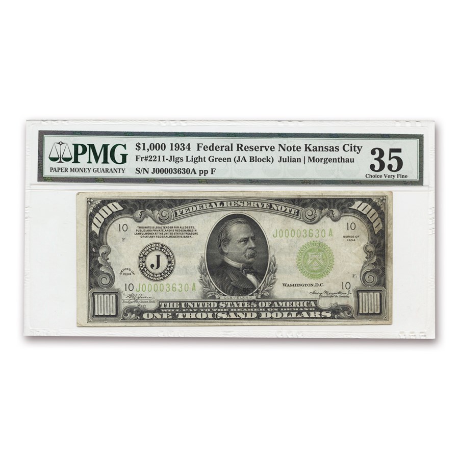1934 (J-Kansas City) $1,000 FRN Choice VF-35 PMG (Fr#2211-J) LGS