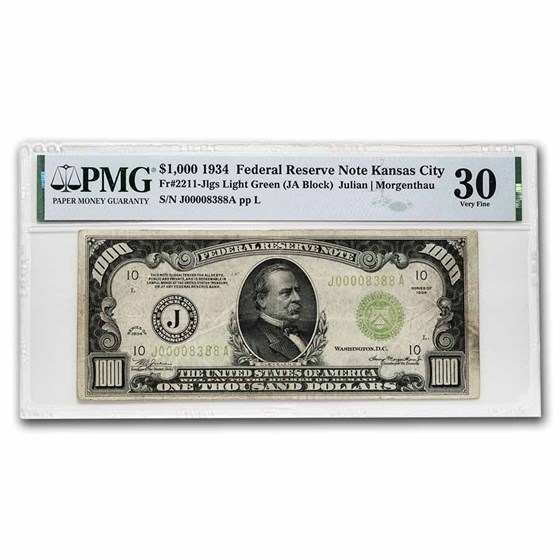 1934 (J-Kansas City) $1,000 FRN VF-30 PMG (Fr#2211-J) LGS 1934 (J-Kansas City) $1,000 FRN VF-30 PMG (Fr#2211-J) LGS