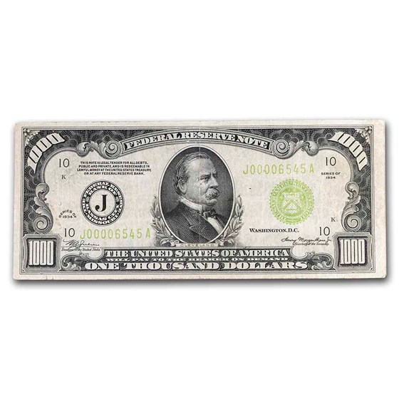 1934 (J-Kansas City) $1,000 FRN VF (Fr#2211-J) LGS 1934 (J-Kansas City) $1,000 FRN VF (Fr#2211-J) LGS