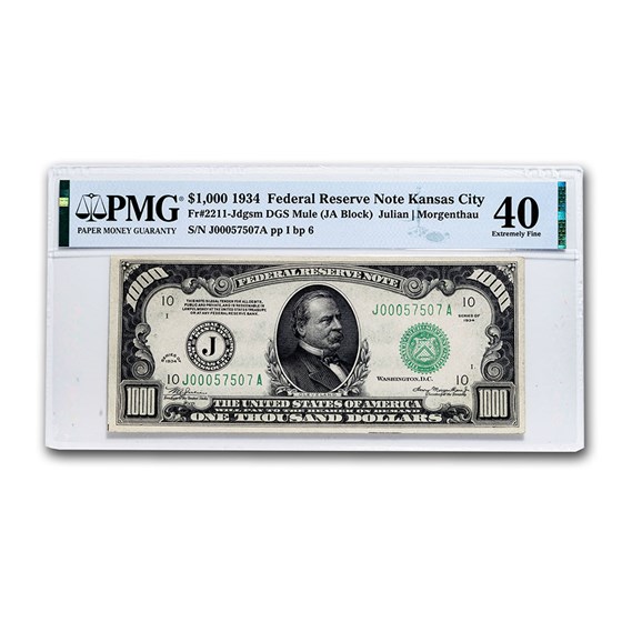 1934 (J-Kansas City) $1,000 FRN XF-40 PMG (Mule) 1934 (J-Kansas City) $1,000 FRN XF-40 PMG (Mule)