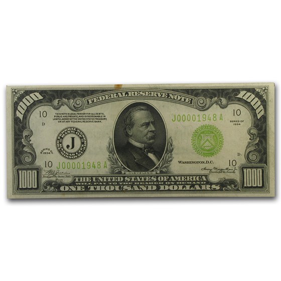 1934 (J-Kansas City) $1,000 FRN XF (Light Green Seal) 1934 (J-Kansas City) $1,000 FRN XF (Light Green Seal)