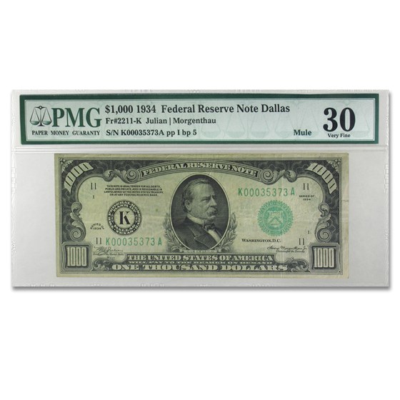 1934 (K-Dallas) $1,000 FRN VF-30 PMG 1934 (K-Dallas) $1,000 FRN VF-30 PMG