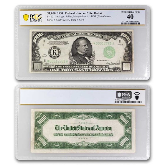 1934 (K-Dallas) $1,000 FRN XF-40 PCGS (Fr#2211-K) 1934 (K-Dallas) $1,000 FRN XF-40 PCGS (Fr#2211-K)