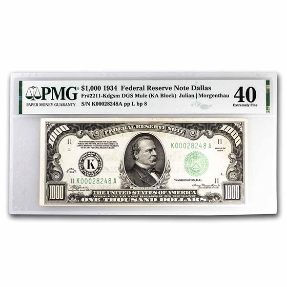 1934 (K-Dallas) $1,000 FRN XF-40 PMG (Fr#2211-K)Minor Ink 1934 (K-Dallas) $1,000 FRN XF-40 PMG (Fr#2211-K)Minor Ink