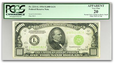 1934 (L-San Francisco) $1,000 FRN Apparent VF-20 PCGS 1934 (L-San Francisco) $1,000 FRN Apparent VF-20 PCGS