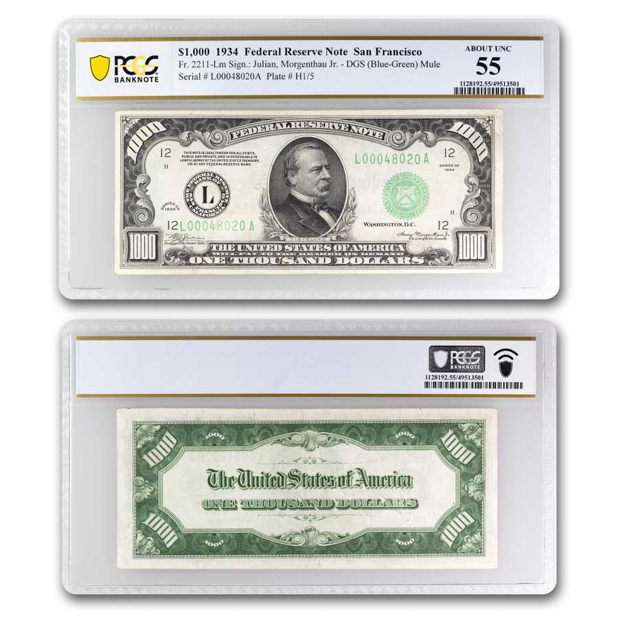 1934 (L-San Francisco) $1,000 FRN AU-55 PCGS (Fr#2211-Lm)