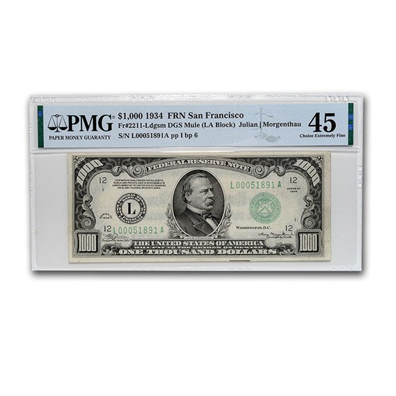 1934 (L-San Francisco) $1,000 FRN Ch XF-45 PMG (Mule) 1934 (L-San Francisco) $1,000 FRN Ch XF-45 PMG (Mule)