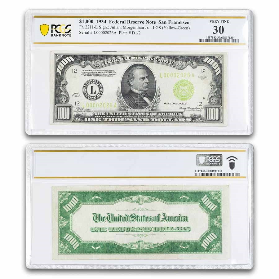 1934 (L-San Francisco) $1,000 FRN VF-30 PCGS (Fr#2211-L) LGS