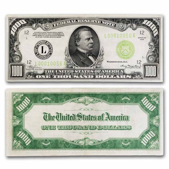 1934 (L-San Francisco) $1,000 FRN VF+ (Fr#2211-L) LGS 1934 (L-San Francisco) $1,000 FRN VF+ (Fr#2211-L) LGS
