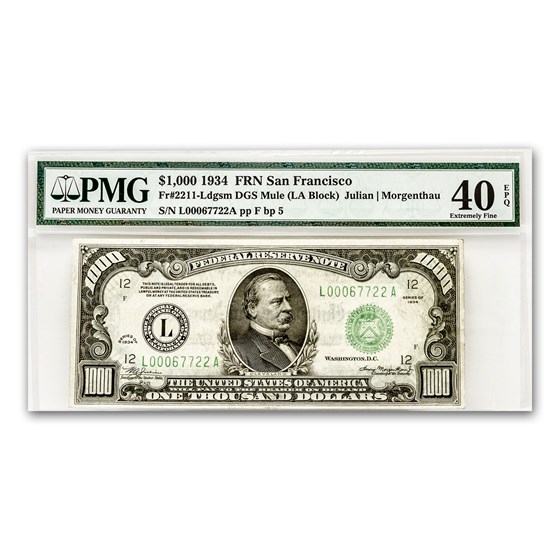 1934 (L-San Francisco) $1,000 FRN XF-40 EPQ PMG 1934 (L-San Francisco) $1,000 FRN XF-40 EPQ PMG
