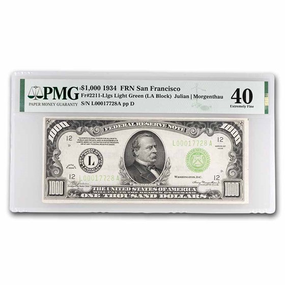 1934 (L-San Francisco) $1,000 FRN XF-40 PMG (Fr#2211-L) LGS 1934 (L-San Francisco) $1,000 FRN XF-40 PMG (Fr#2211-L) LGS