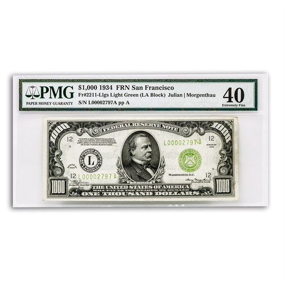 1934 (L-San Francisco) $1,000 FRN XF-40 PMG (Fr#2211-L) 1934 (L-San Francisco) $1,000 FRN XF-40 PMG (Fr#2211-L)