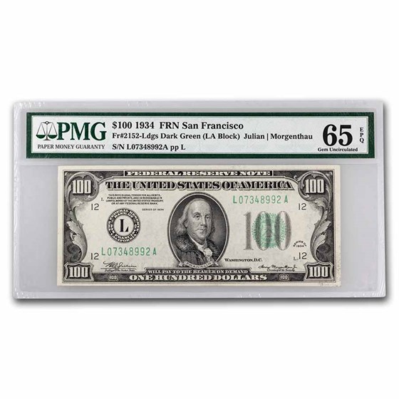 1934 (L-San Francisco) $100 FRN Gem CU-65 EPQ PMG (Fr#2152-L) 1934 (L-San Francisco) $100 FRN Gem CU-65 EPQ PMG (Fr#2152-L)