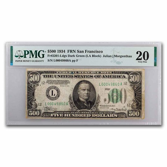 1934 (L-San Francisco) $500 FRN VF-20 PMG (Fr#2201-L) 1934 (L-San Francisco) $500 FRN VF-20 PMG (Fr#2201-L)