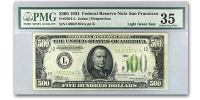1934 (L-San Francisco) $500 FRN VF-35 PMG 1934 (L-San Francisco) $500 FRN VF-35 PMG