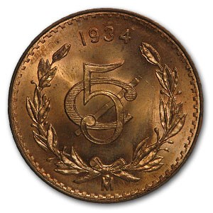 1934 Mexico 5 Centavos Bronze BU Red KM#422 1934 Mexico 5 Centavos Bronze BU Red KM#422