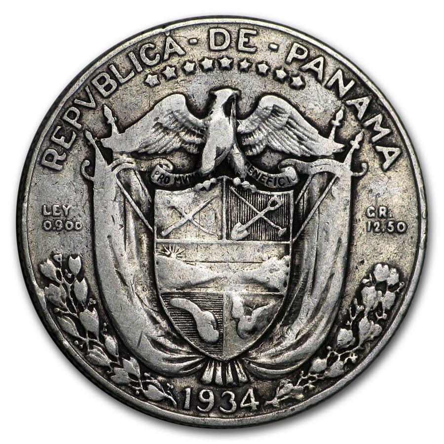 1934 Panama Silver 1/2 Balboa XF (ASW 0.3617)
