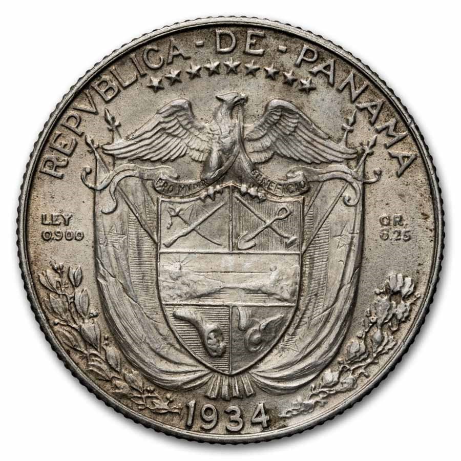 1934 Panama Silver 1/4 Balboa AU