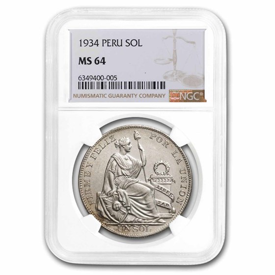 1934 Peru Silver 1 Sol MS-64 NGC 1934 Peru Silver 1 Sol MS-64 NGC