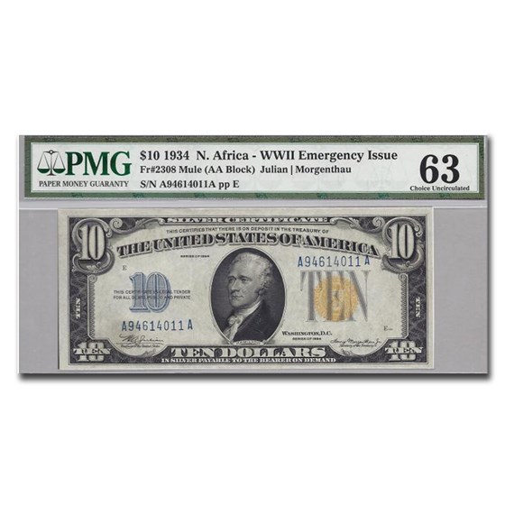 1935 $10 Yellow Seal North Africa CU-63 PMG (Fr#2308) 1935 $10 Yellow Seal North Africa CU-63 PMG (Fr#2308)