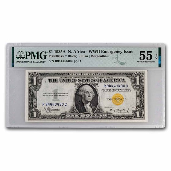 1935-A $1.00 Yellow Seal N. Africa CH AU-55 EPQ PMG (Fr#2306) 1935-A $1.00 Yellow Seal N. Africa CH AU-55 EPQ PMG (Fr#2306)