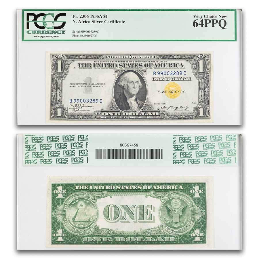1935-A $1.00 Yellow Seal North Africa CU-64 PPQ PCGS (Fr#2306)