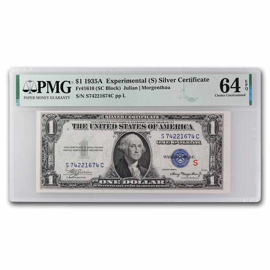 1935-A $1 Silver Cert CU-64 EPQ PMG (Fr#1610) S-Experimental