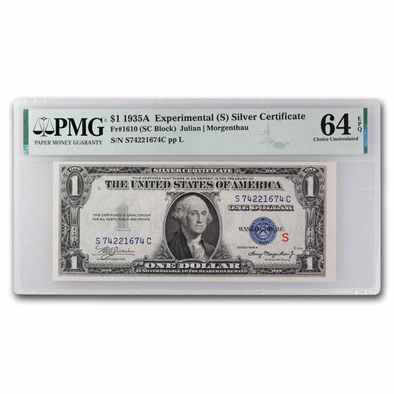 1935-A $1 Silver Cert CU-64 EPQ PMG (Fr#1610) S-Experimental 1935-A $1 Silver Cert CU-64 EPQ PMG (Fr#1610) S-Experimental
