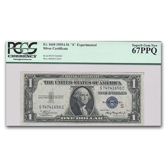 1935-A $1 Silver Cert CU-67 PPQ (Fr#1610) S-Experimental 1935-A $1 Silver Cert CU-67 PPQ (Fr#1610) S-Experimental