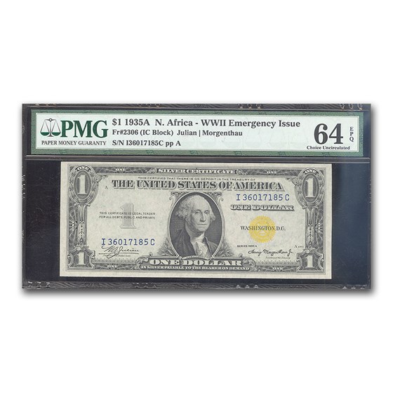 1935-A $1 Yellow Seal North Africa CU-64 EPQ PMG (Fr#2306) 1935-A $1 Yellow Seal North Africa CU-64 EPQ PMG (Fr#2306)
