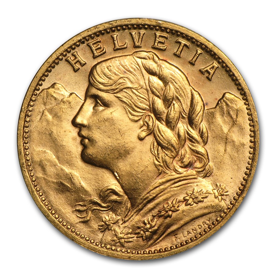 1935-B Switzerland Gold 20 Francs Helvetia AU