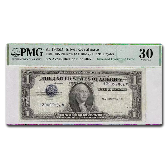 1935-D $1.00 Silver Cert VF-30 PMG (Fr#1613N) Inverted OverPrint 1935-D $1.00 Silver Cert VF-30 PMG (Fr#1613N) Inverted OverPrint