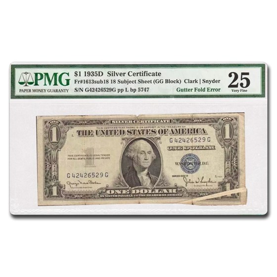 1935-D $1 Silver Cert Very Fine-25 PMG (Fr#1613)Gutter Fold Error 1935-D $1 Silver Cert Very Fine-25 PMG (Fr#1613)Gutter Fold Error