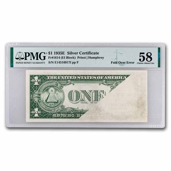 1935-E $1.00 Silver Cert. AU-58 PMG (FR#1614) Fold Over Error