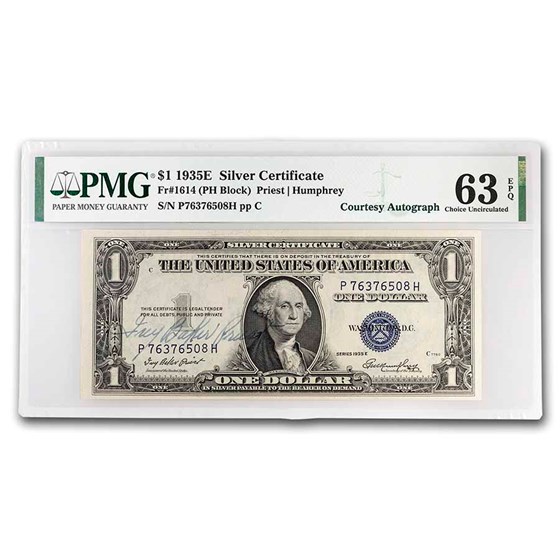 1935-E $1.00 Silver Cert CH CU-63 EPQ PMG (Fr#1614) (Autograph) 1935-E $1.00 Silver Cert CH CU-63 EPQ PMG (Fr#1614) (Autograph)