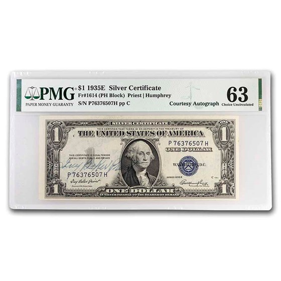 1935-E $1.00 Silver Cert CH CU-63 PMG (Fr#1614) (Autograph) 1935-E $1.00 Silver Cert CH CU-63 PMG (Fr#1614) (Autograph)