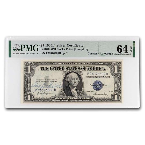 1935-E $1.00 Silver Cert CH CU-64 EPQ PMG (Fr#1614) (Autograph) 1935-E $1.00 Silver Cert CH CU-64 EPQ PMG (Fr#1614) (Autograph)
